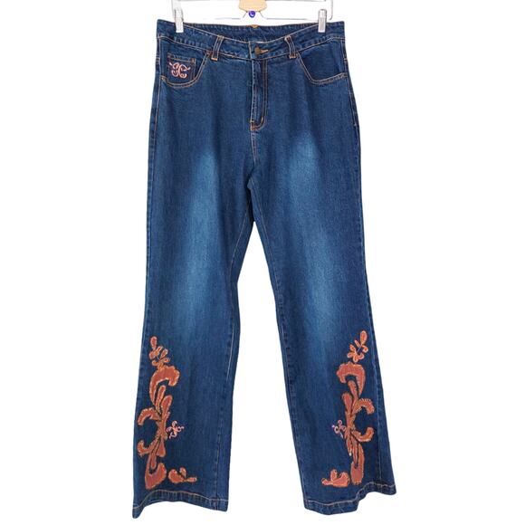 Blue Jeans Applique Embroidered High Rise Stretch Lew Magram Vintage Y2K - Picture 1 of 9